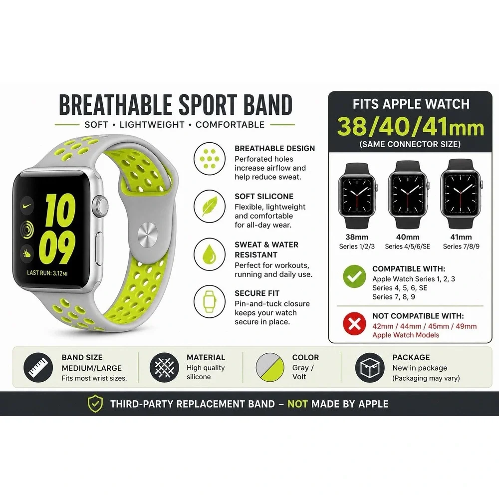 Apple Watch Band 38/40/41mm Breathable Sport Silicone Gray Volt M/L